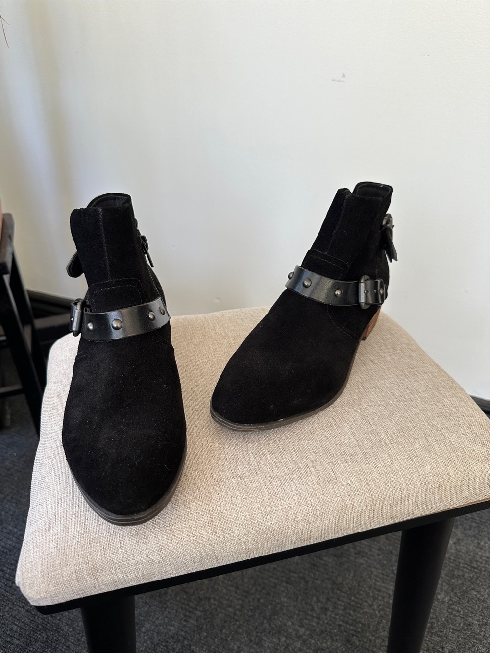 Crown Vintage Black Suede Ankle Boots with Studded Strap 7.5M